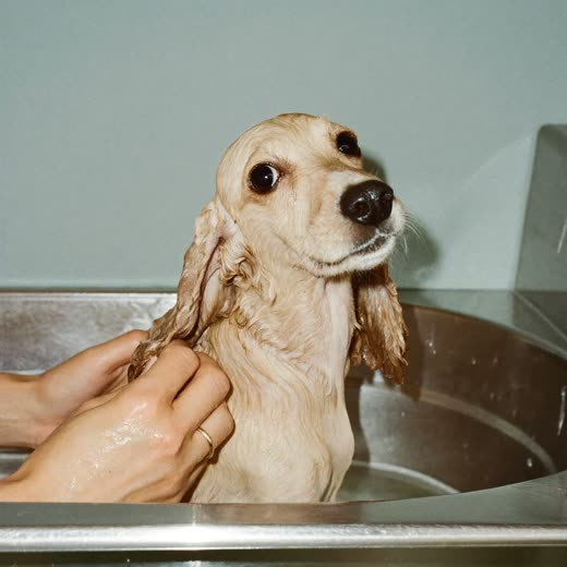 A dog being bathed in a grooming tub