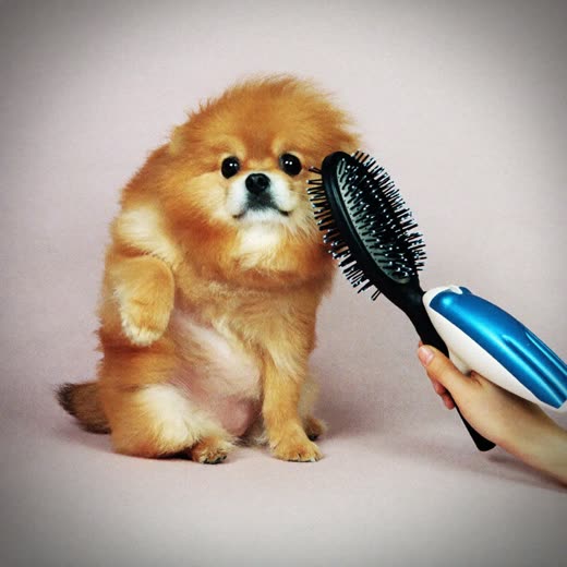 A dog being blow-dried and brushed after a bath