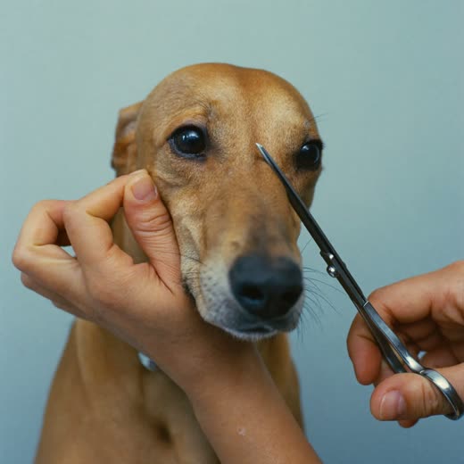 A dog's face being trimmed with grooming scissors